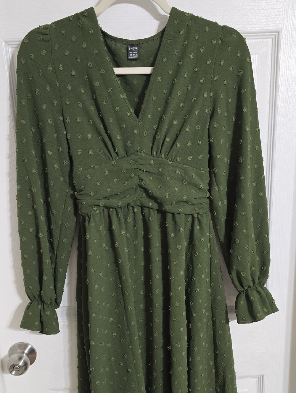 SHEIN Olive Green Textured V-Neck Long Sleeve Dress